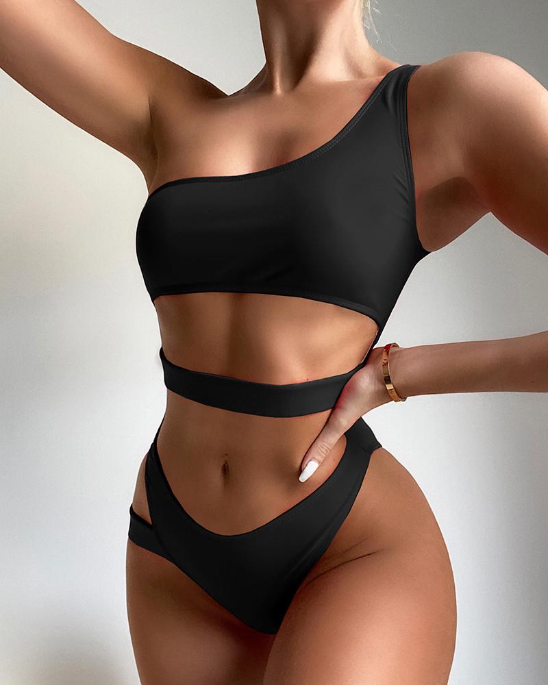 

Sleeveless One Shoulder Cutout Bikini Set, Black