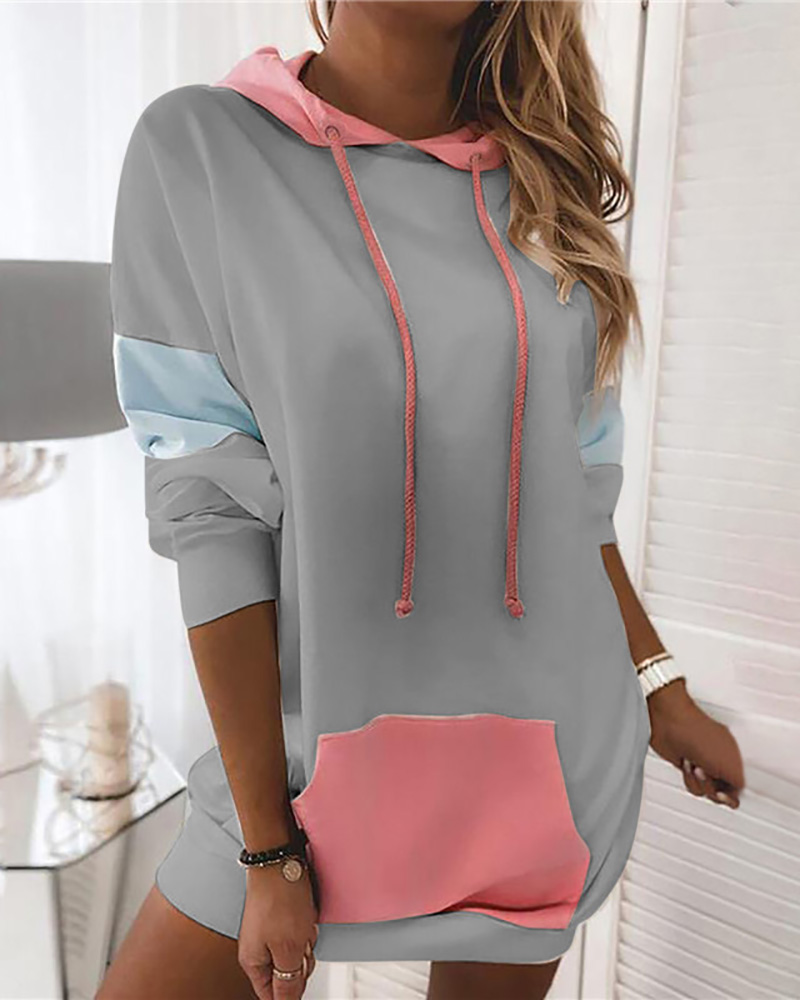 

Long Sleeve Pocket Design Colorblock Hooded Sweatshirt, Gray