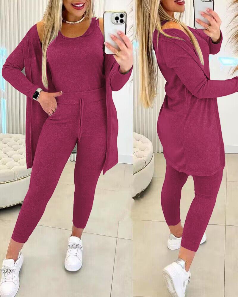 

Conjunto de 3 piezas de camiseta sin mangas con cuello redondo y pantalones con cordón y abrigo, Pink