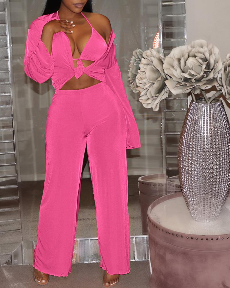 

Long Sleeve Top & Wide Leg Pants Set With Bralette, Pink