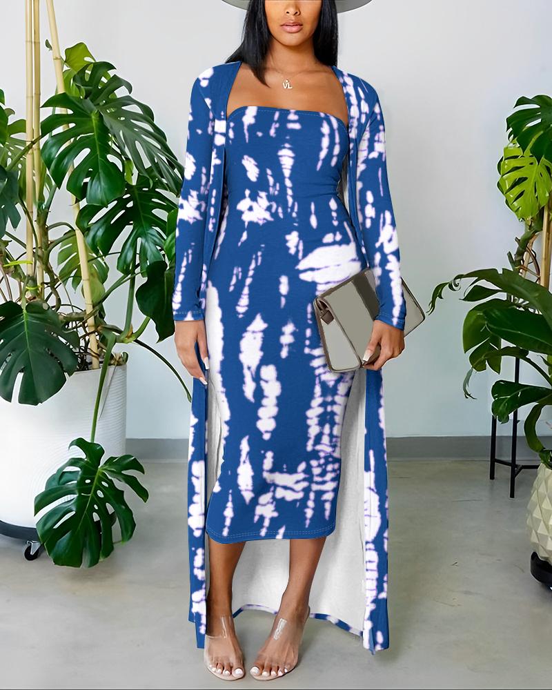 

Tie Dye Print Bodycon Dress With Longline Coat, Blue