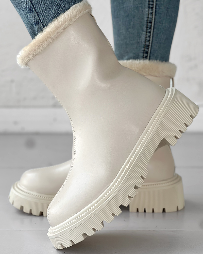 

Zipper Design Fuzzy Detail Lined Winter Boots, Beige
