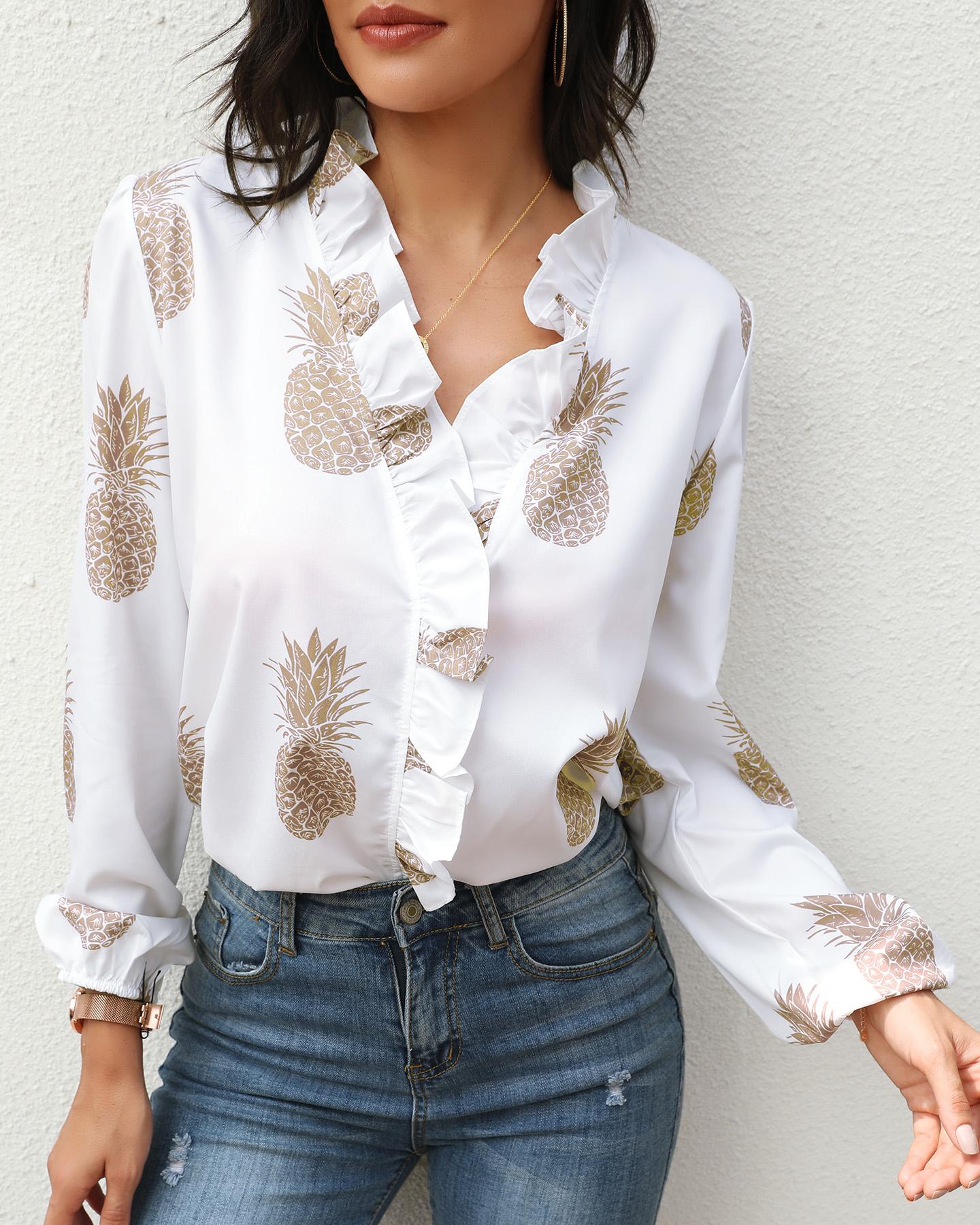 

Pineapple Print Long Sleeve Ruffles Casual Women Blouse, White