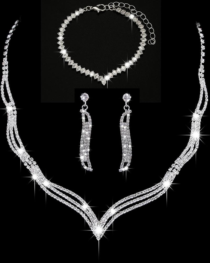 

3PCS Rhinestone Hollow Out Chain Necklace & Drop Earrings & Bracelet Evening Party Wedding Jewelry Set, Style1