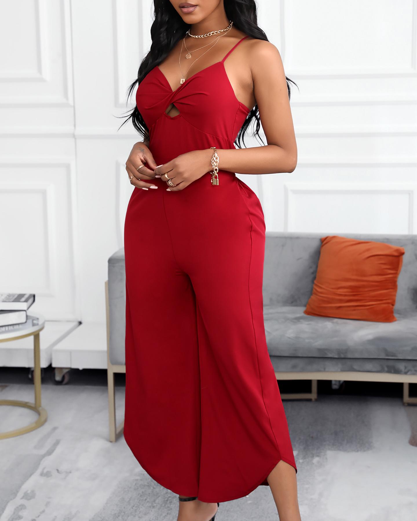 

Plain Twisted Cutout Backless Jumpsuit, Red