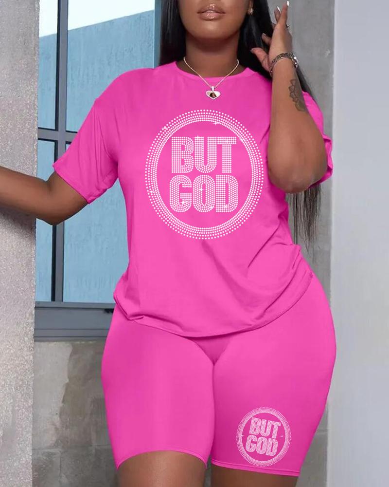 

Plus Size O-Neck Letter Pattern Rhinestone Top & Shorts Set, Pink