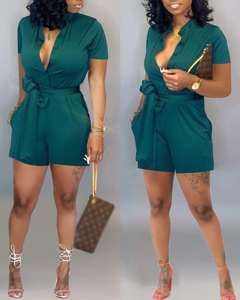 

Short Sleeve Button Front Belted Romper, Green