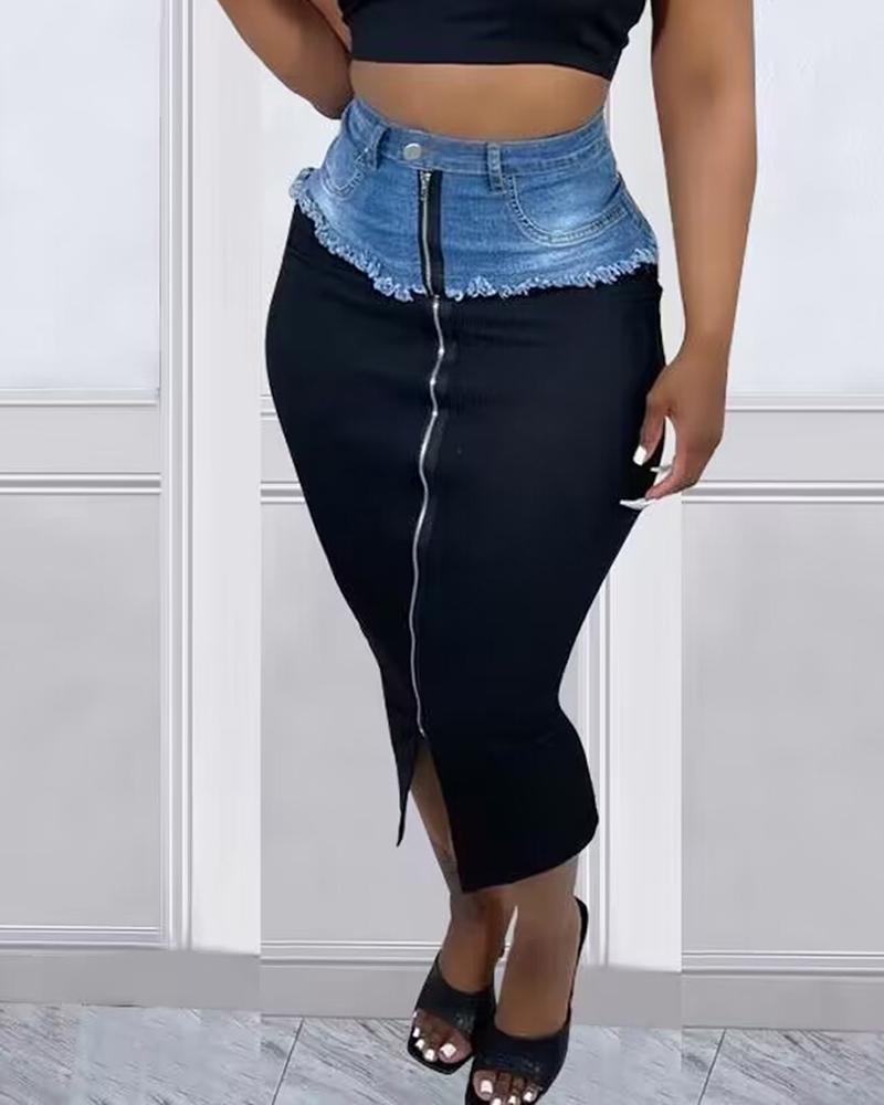 

Denim Patch Zipper Design Maxi Skirt, Blue
