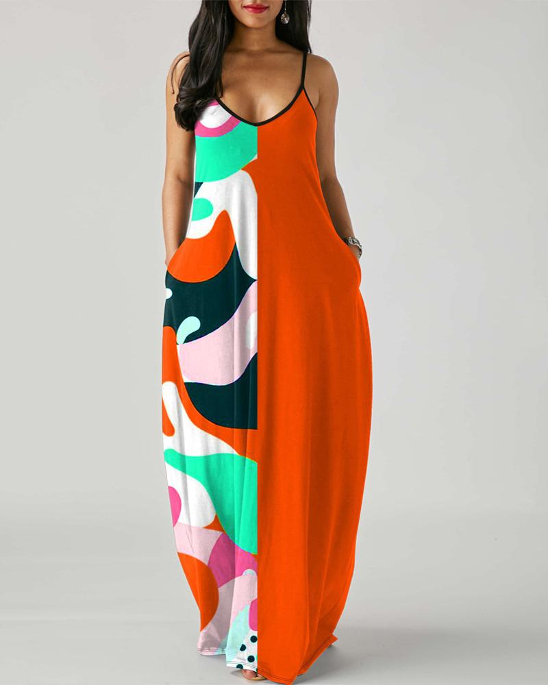 

Ink Splash / Colorblock / Palm Tree / Polkadot Print Pocket Design Maxi Dress, Style3