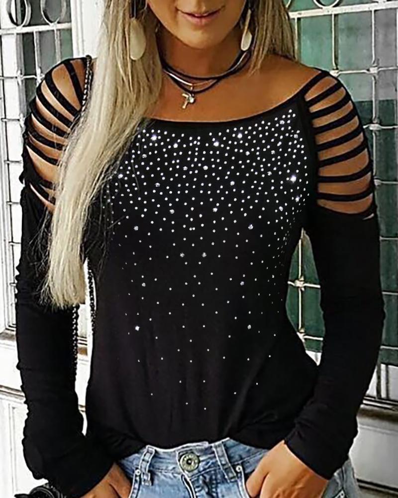 

Ladder Cutout Rhinestone Decor Top, Black