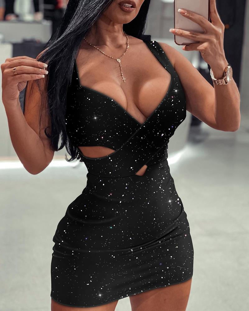 

Crisscross Cutout Glitter Bodycon Dress, Black