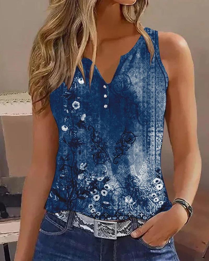 

Floral Print Sleeveless Casual Tank Top, Blue