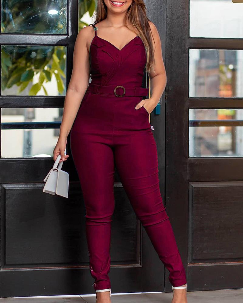 

Pocket Design Spaghetti Strap Jumpsuit, Red