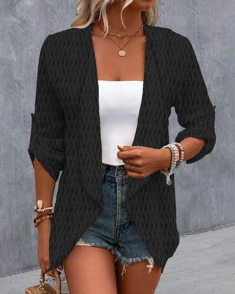 

Roll Up Sleeve Open Front Textured Coat, Black