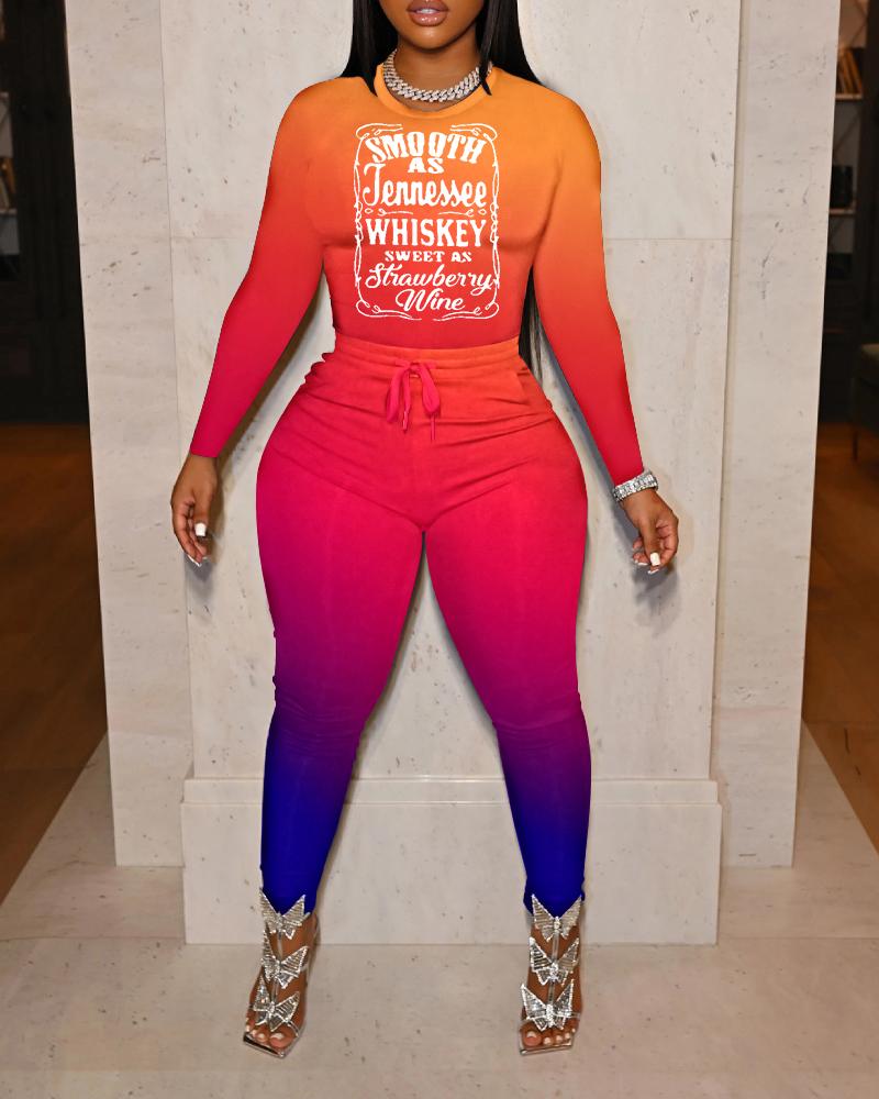

Letter Print Ombre Long Sleeve Top & Pants Set, Multicolor