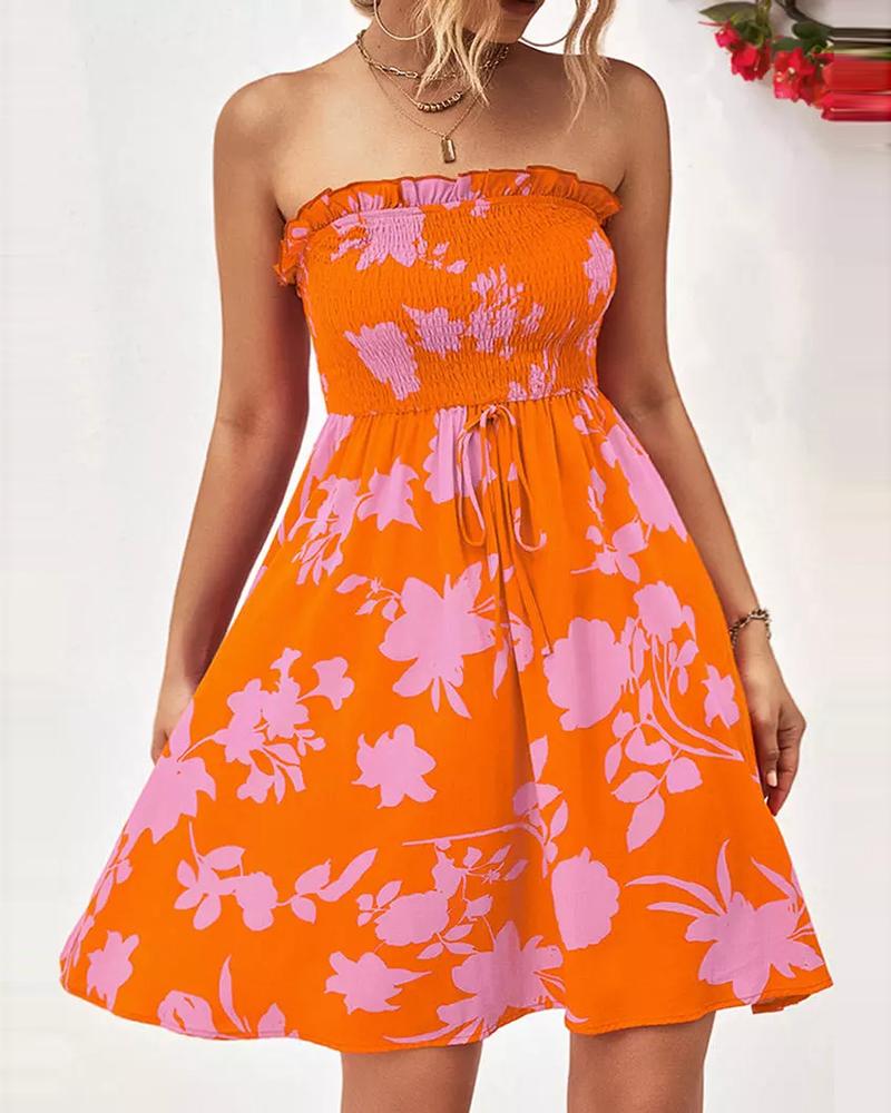 

Floral Print Bandeau Shirred Mini Dress, Orange