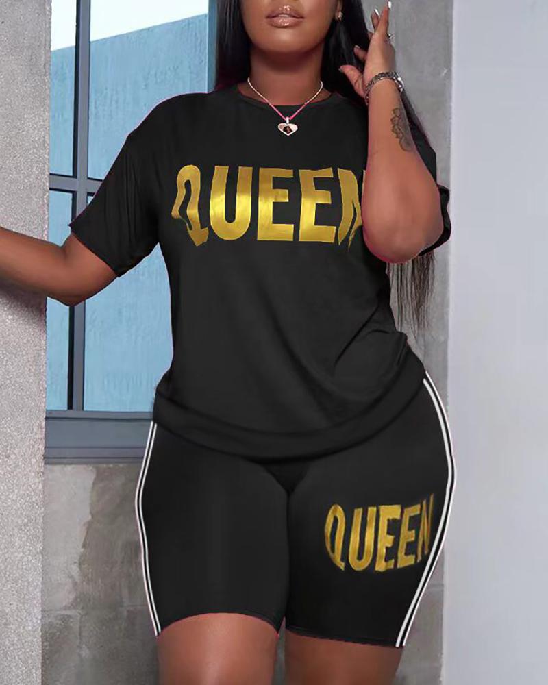 

Sporty Letter Print Short Sleeve T-shirt & Shorts Set, Black