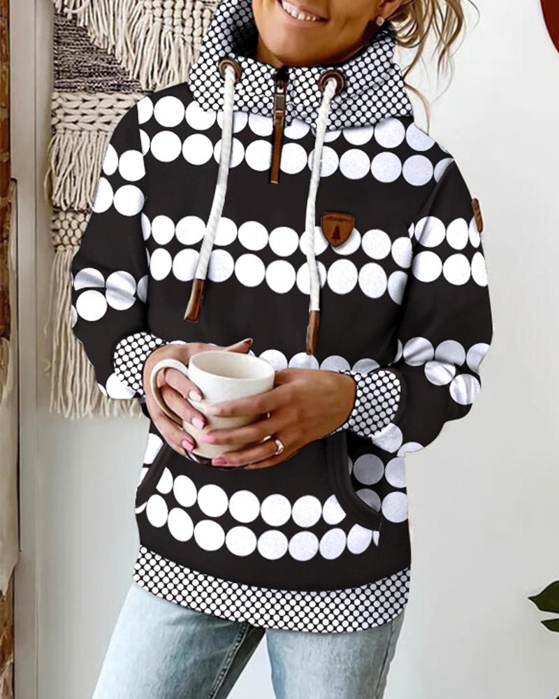 

Polka Dot Print Long Sleeve Drawstring Hoodie, Blackwhite