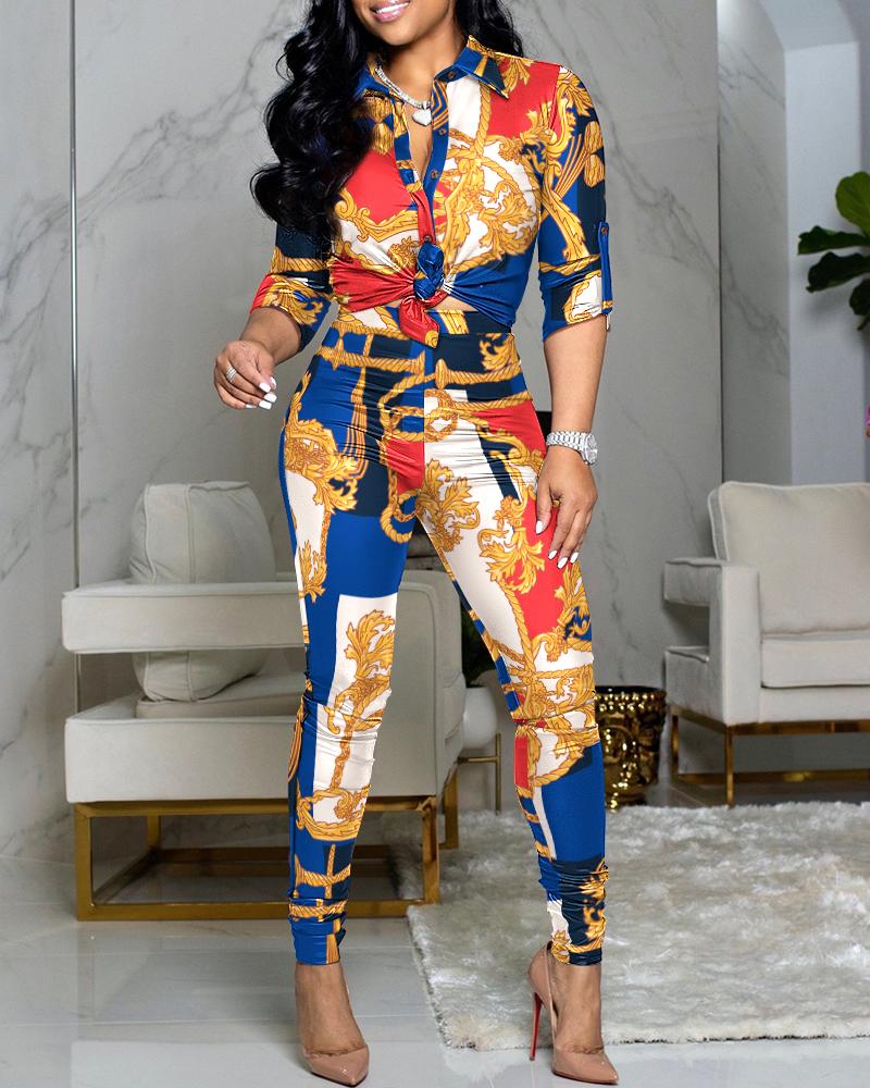 

Scarf Print Knot Front Buttoned Top & High Waist Pants Set, Multicolor