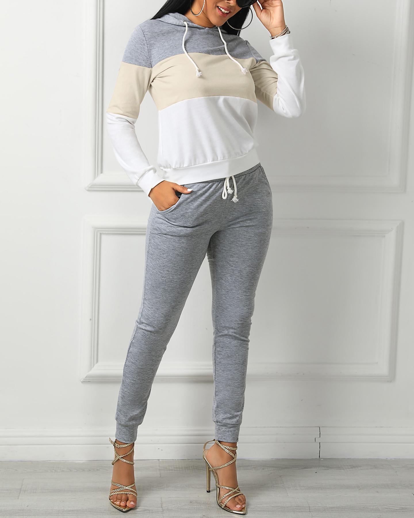 

Drawstring Colorblock Hooded Top & Pant Sets, Apricot
