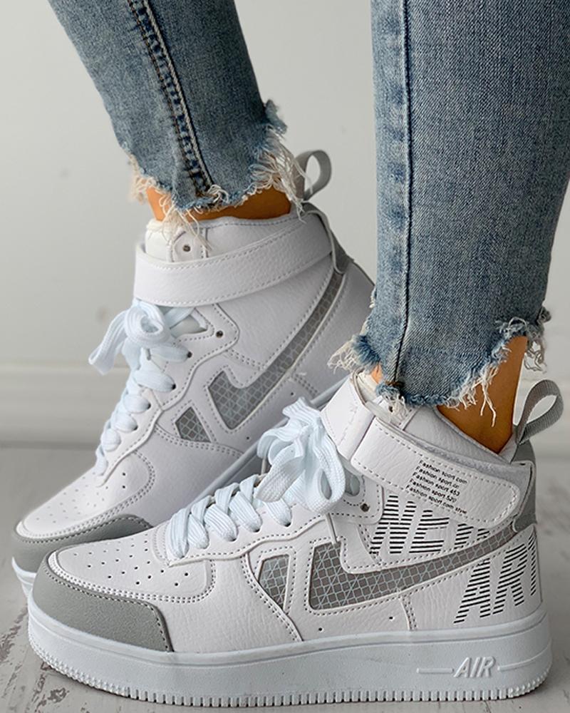 

Velcro Letter Print Colorblock Lace-up Sneaker, White