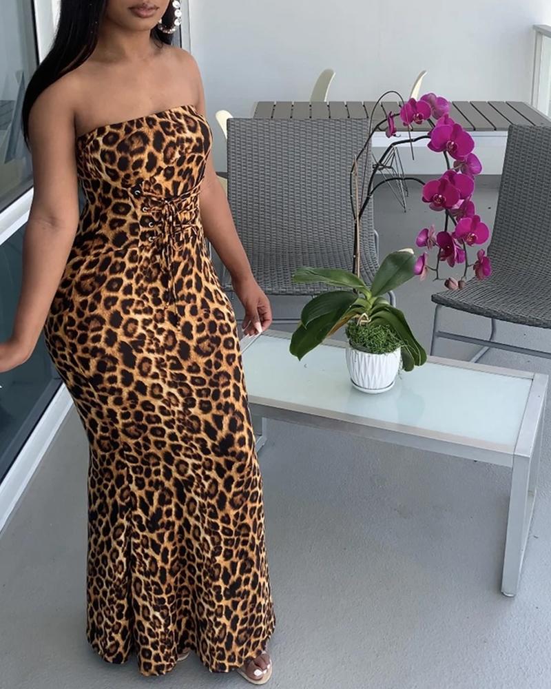 

Leopard Print Lace-up Front Tube Dress