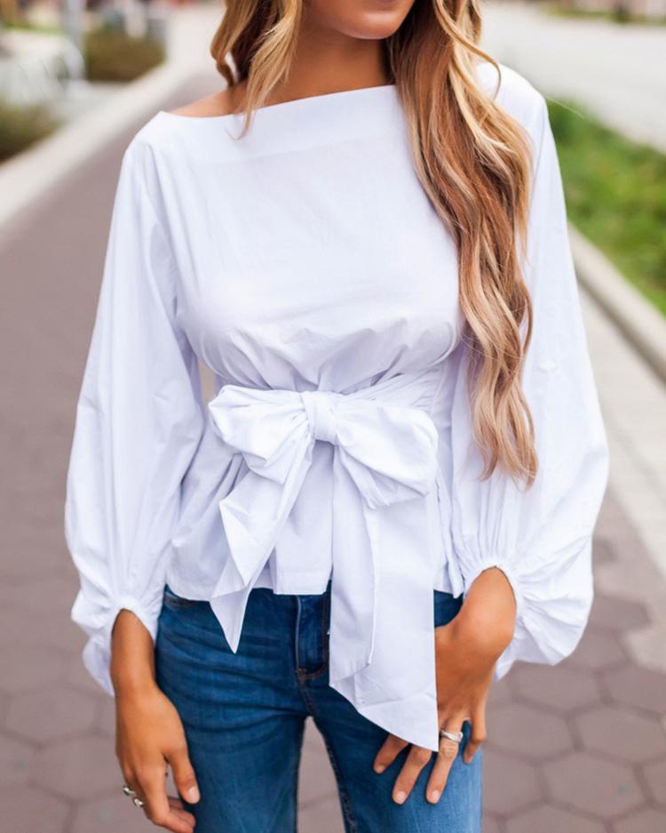 

Sexy Lantern Sleeve Bowtie Belted Blouse Tops, Black