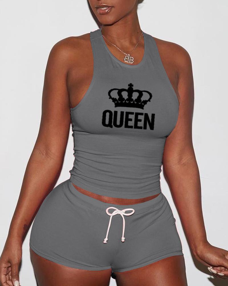 

Letter Crown Print Drawstring Active Set, Gray