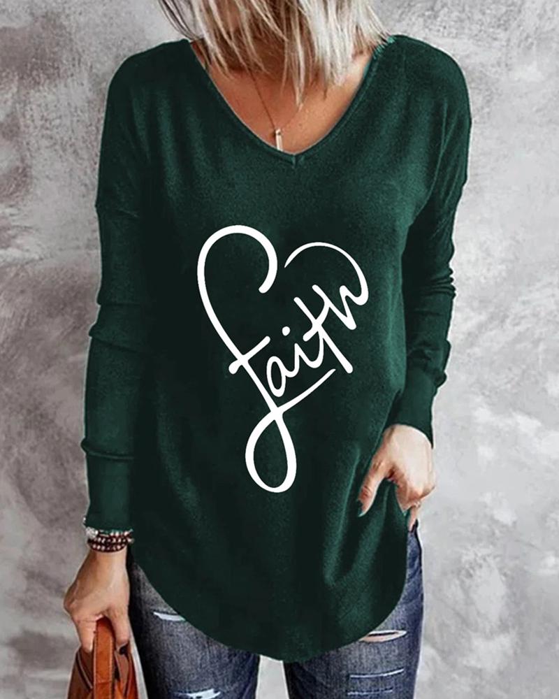 

Valentine' Day Heart Letter Print Long Sleeve Top, Green