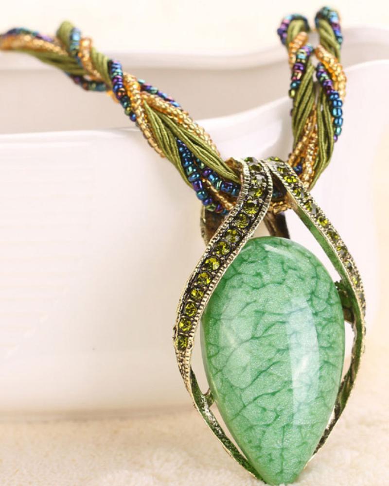 

1pc Bohemian Oval Stone Braided Pendant Necklace, Green
