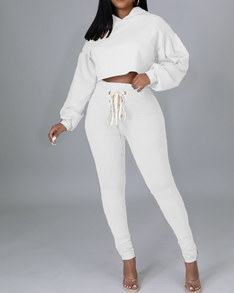

Eyelet Lace-up Hooded Lantern Sleeve Crop Top & Pants Set, White