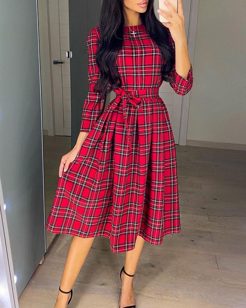 

Plaid Print Tied Detail Long Sleeve Casual Dress With Belt, Red