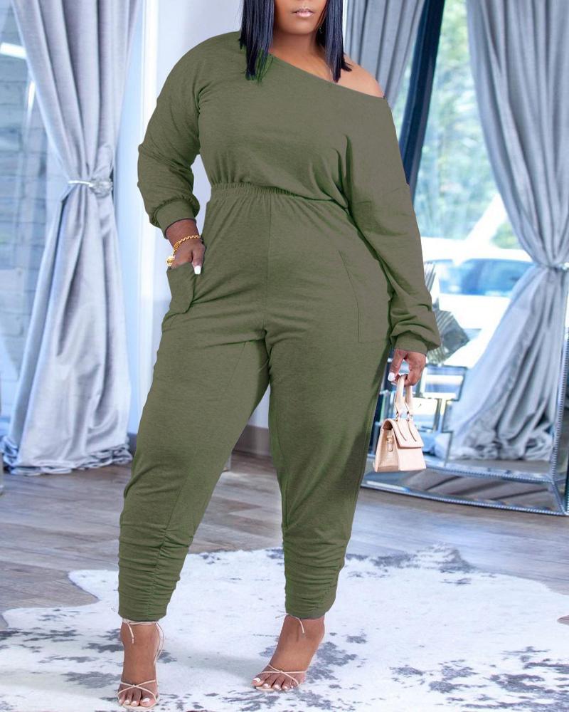 

Pocket Design Long Sleeve Ruched Jumpsuit, Green