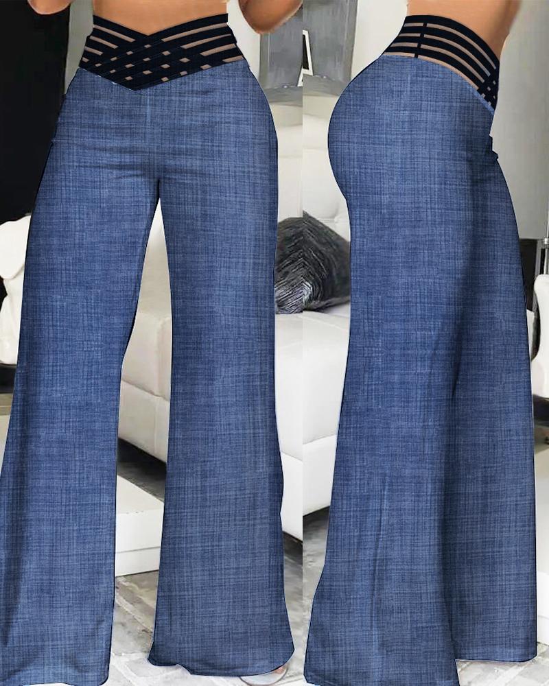 

Overlap Waist Sheer Mesh Patch Wide Leg Pants, Blue