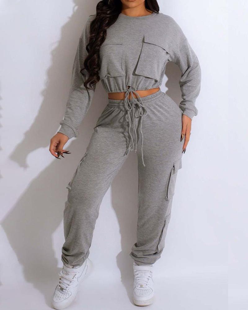 

Pocket Design Drawstring Top & Cuffed Pants Set, Gray