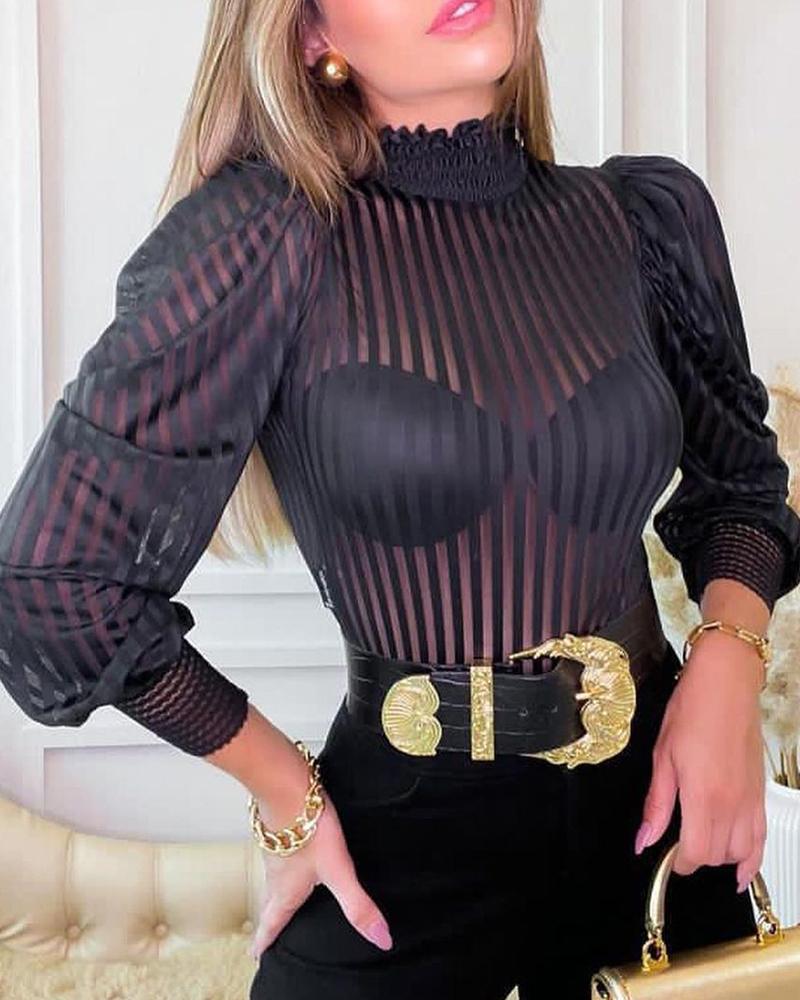 

Striped Sheer Mesh Shirring Detail Lantern Sleeve Top, Black