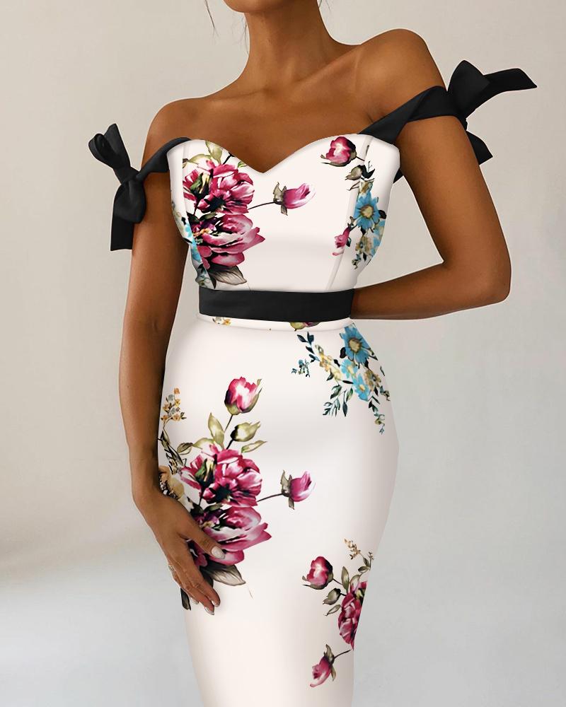 

Floral Print Off Shoulder Bodycon Dress, White