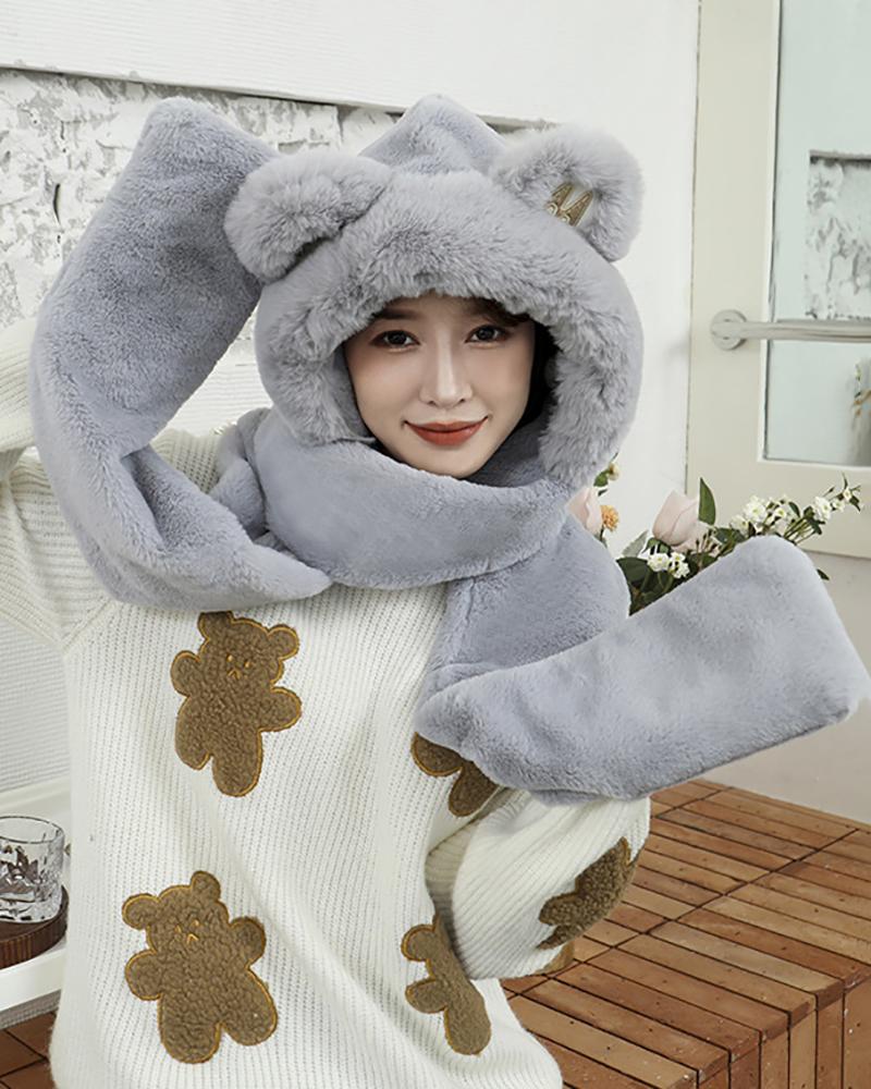 

Fluffy 3D Ear Design 3 In 1 Hat With Scarf & Gloves, Gray