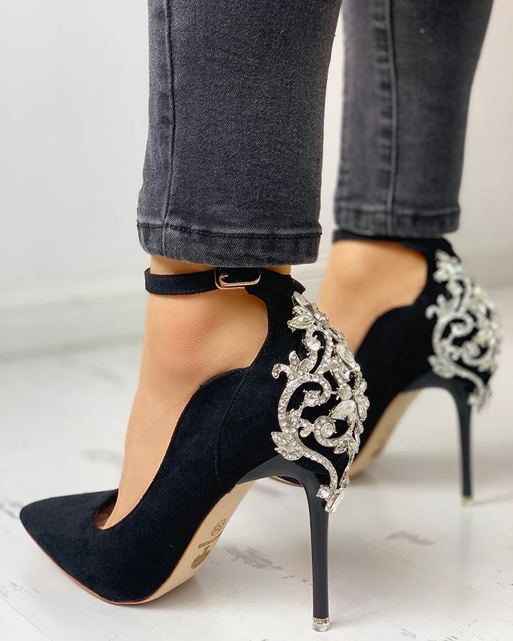 

Gem-Studded Pointed Toe Ankle Strap Heels, Black