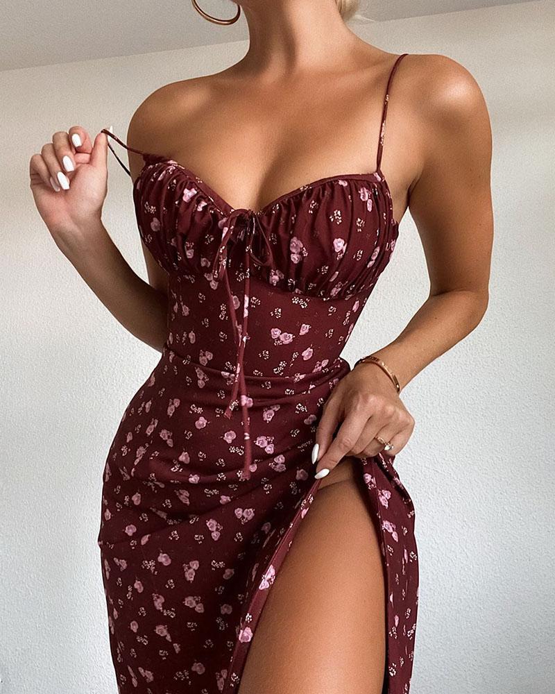 

Ditsy Floral Print High Slit Tie Detail Dress, Wine red