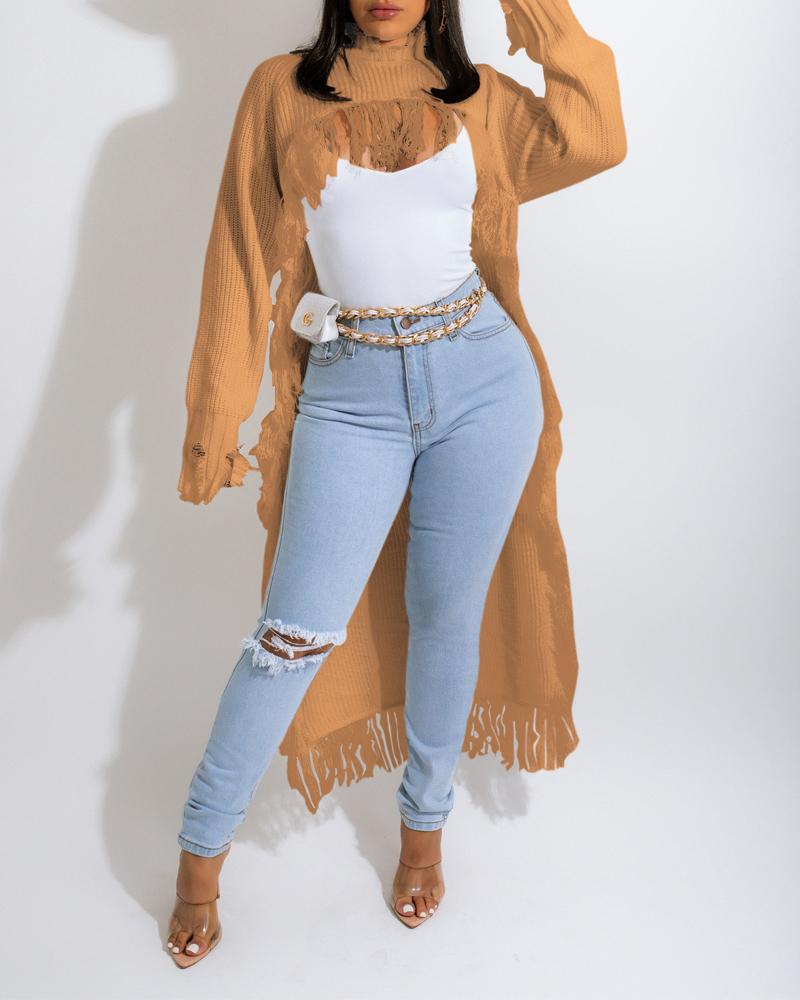 

Asymmetrical Distressed Fringe Trim Longline Sweater, Khaki