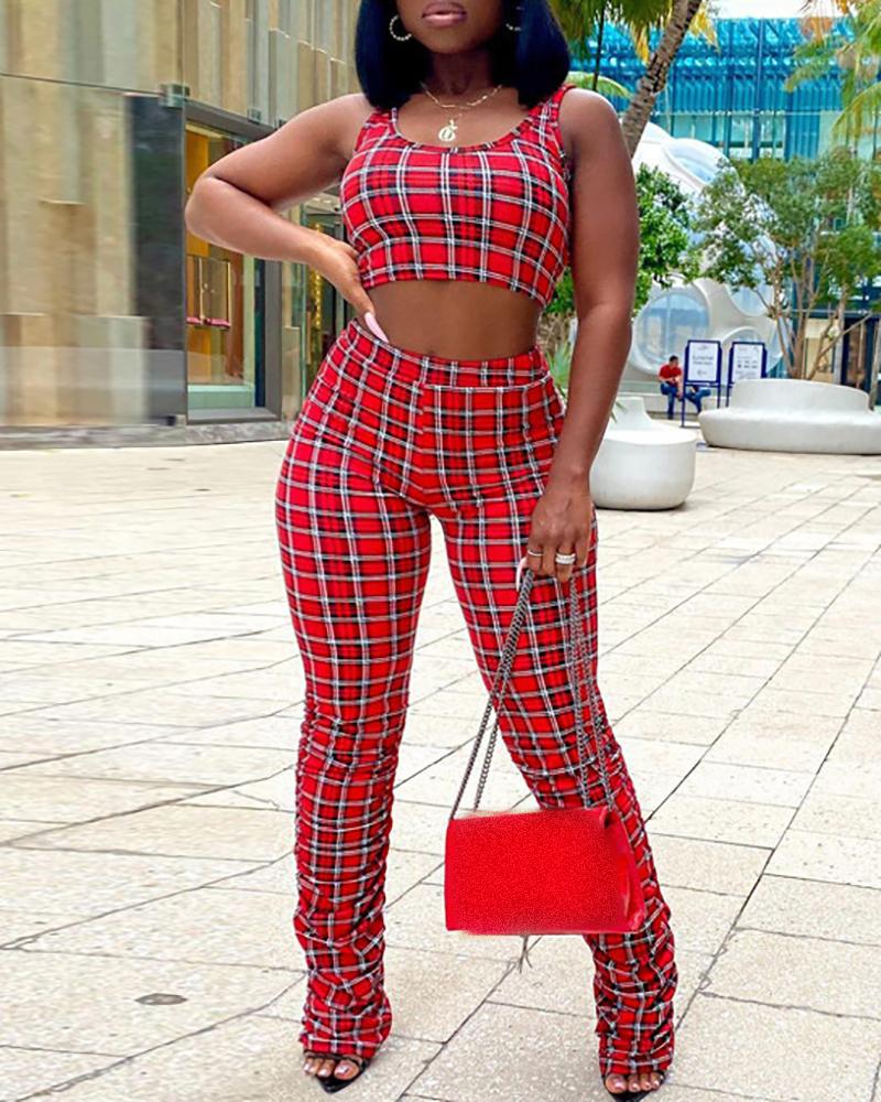 

Plaid Print Crop Top & High Waist Fold Pants Set, Red
