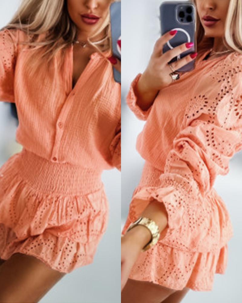 

Eyelet Embroidery Top & Layered Ruffles Skirt Set, Pink