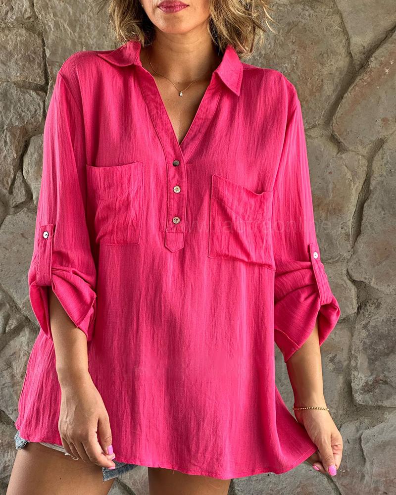 

Roll Up Sleeve Buttoned Pocket Design Shirt, Hot pink
