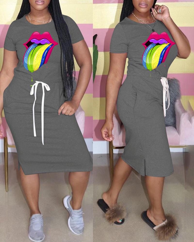 

Lip Print Drawstring Pocket Design Slit Casual Dress, Gray