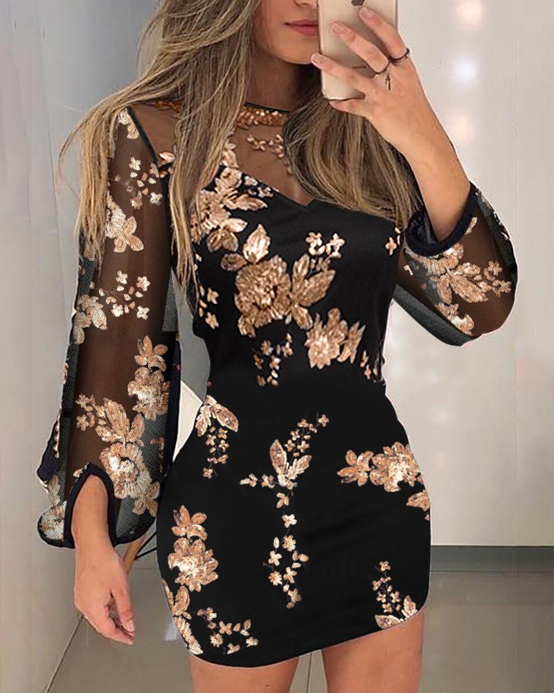 

Vestido de festa em malha transparente com lantejoulas contrastantes com padrão floral, Black