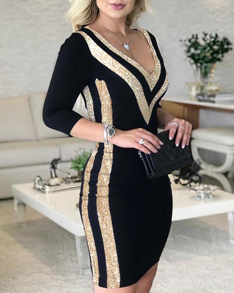 

Sequins Colorblock Long Sleeve Dress, Black