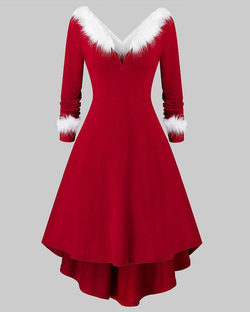 

Christmas Fuzzy Trim High Low Hem Party Dress, Red