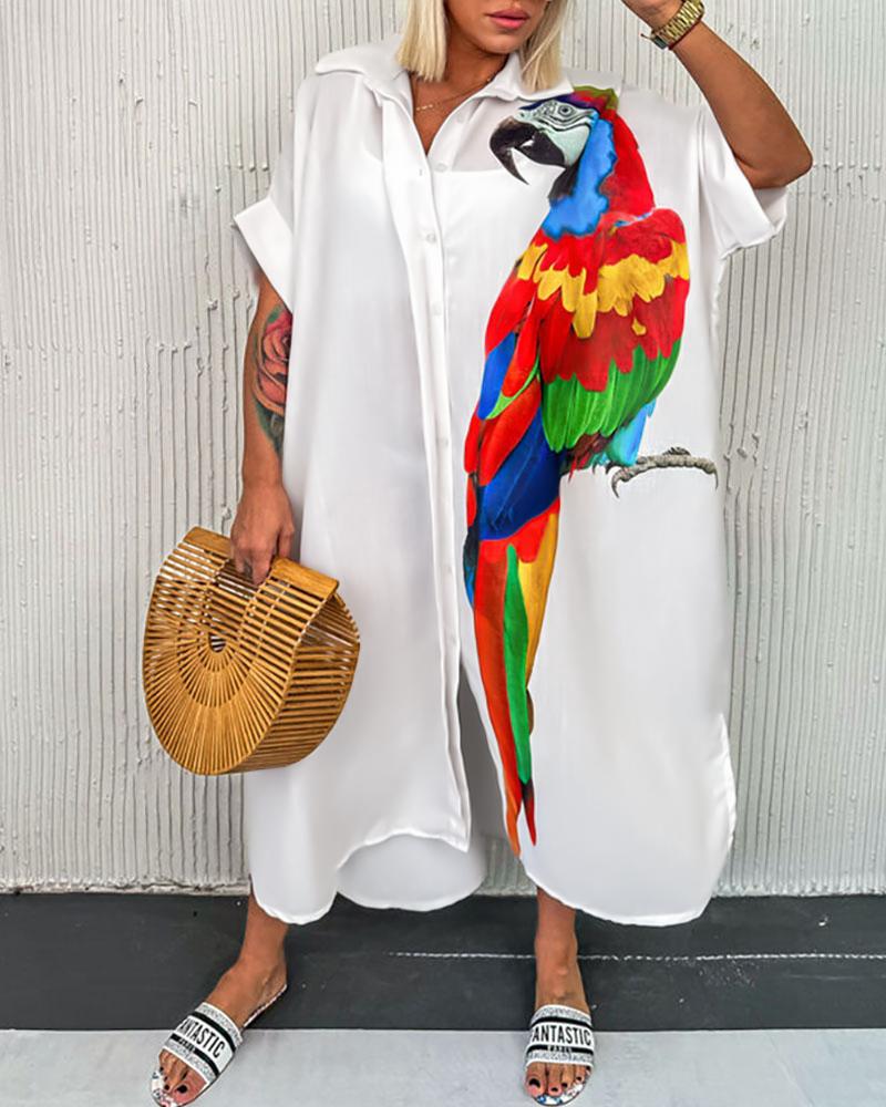 

Parrot Print Batwing Sleeve Maxi Shirt Dress, White