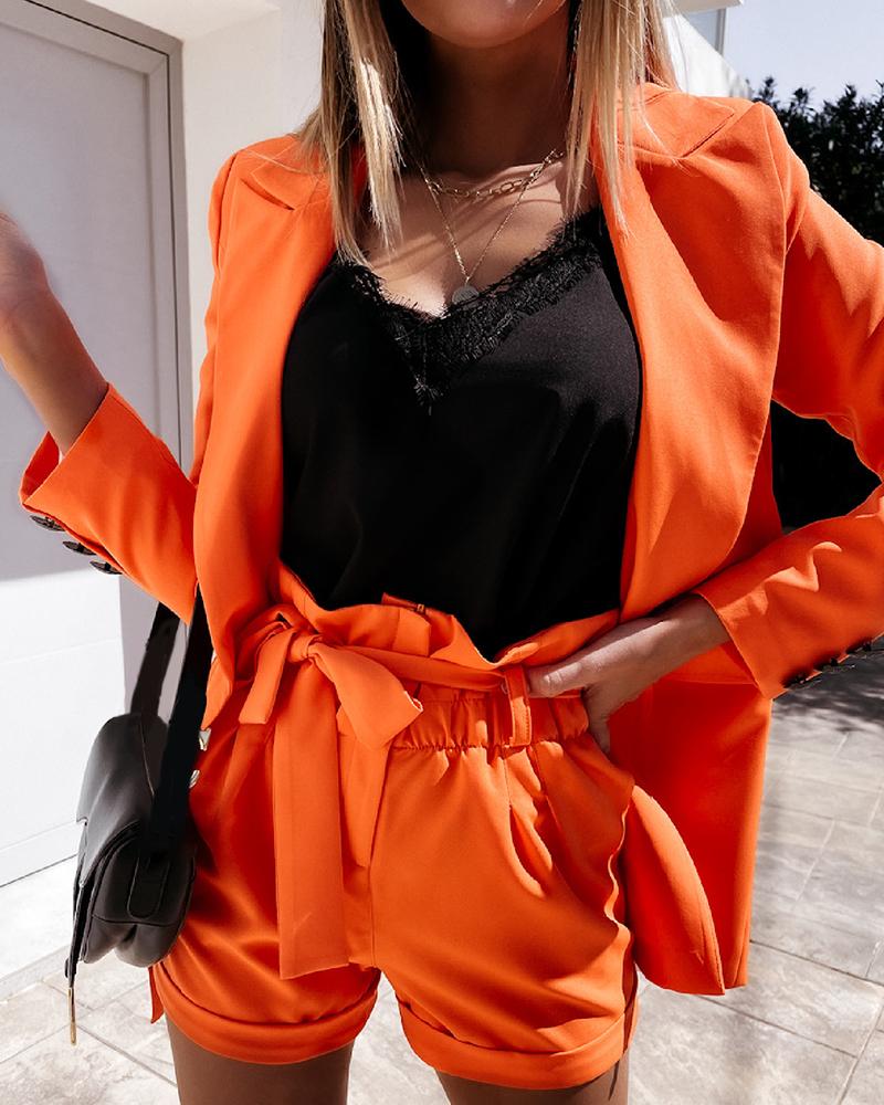 

Long Sleeve Blazer Coat & Pocket Design Shorts Set, Orange